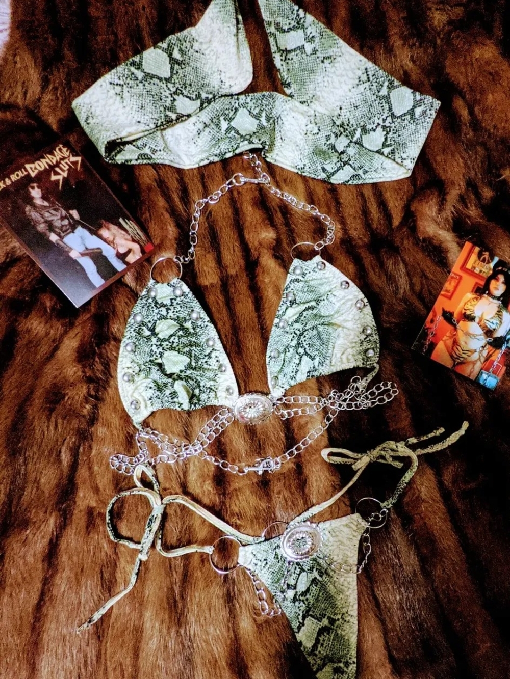 Green Snake Print Chain Bikini Set - Women Accessories